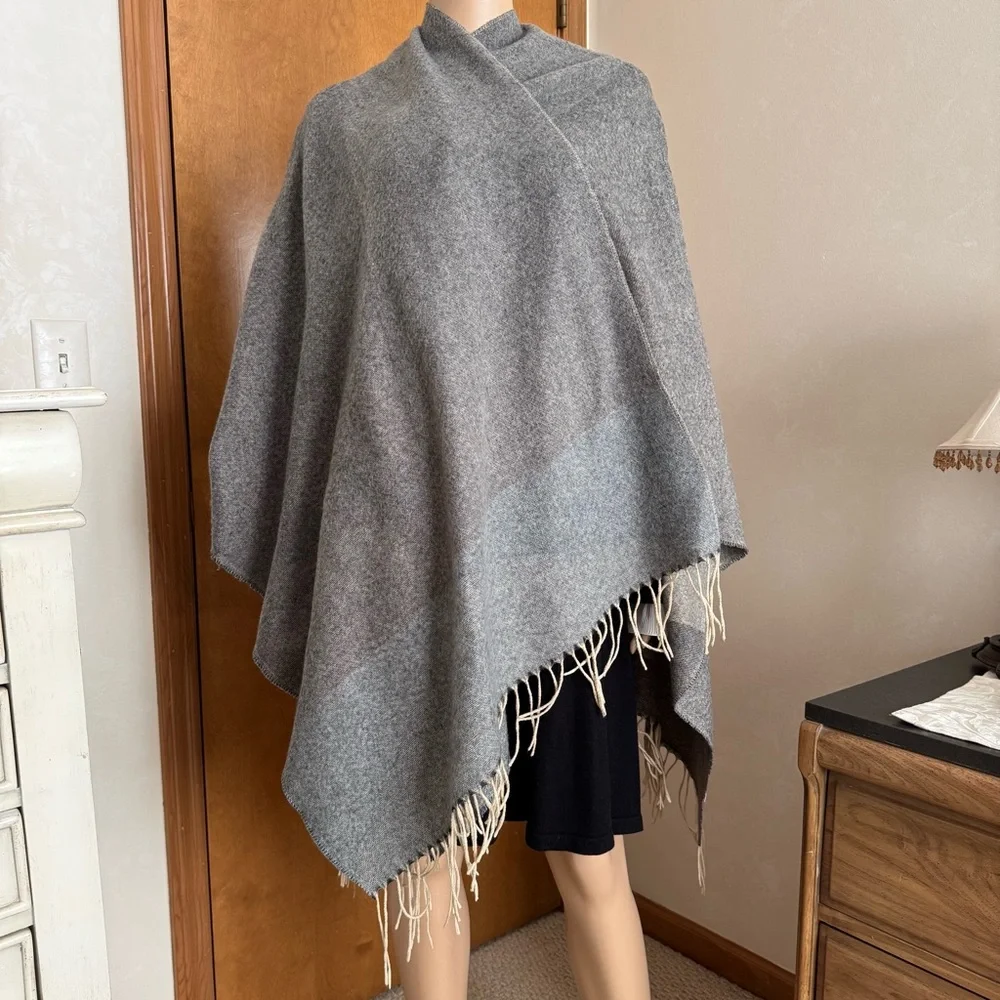 Macy's Gray Cream Blanket Scarf Cape with Fringe